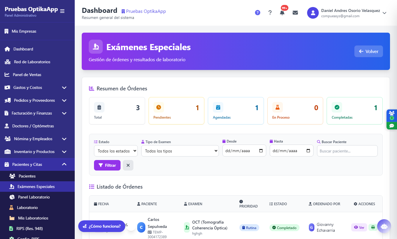 Listado de órdenes del laboratorio
